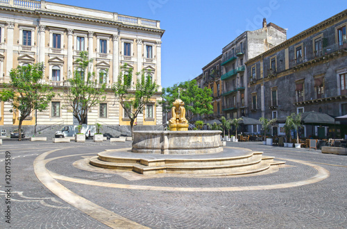 Water Fountain of Dolphins in Piazza Teatro Massimo, Catania, Sicily. Italy