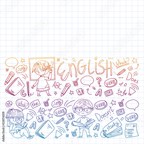 English school for children. Learn language. Education vector illustration. Kids drawing doodle style image.