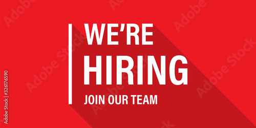We're hiring red vector banner. Employee vacancy announcement. Illustration isolated. Business recruiting concept. photo