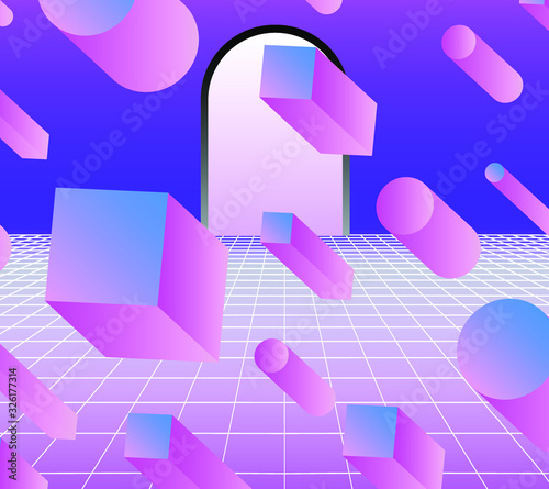 Retrofuturistic landscape with floating 3D neon shapes in zero gravity above endless laser grid. Abstract illustration in retrowave and vaporwave style.