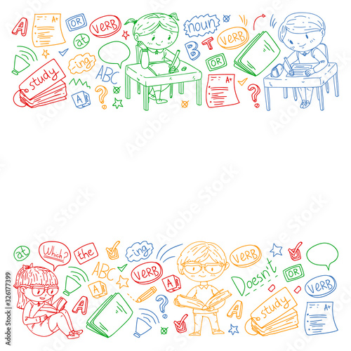 English school for children. Learn language. Education vector illustration. Kids drawing doodle style image.