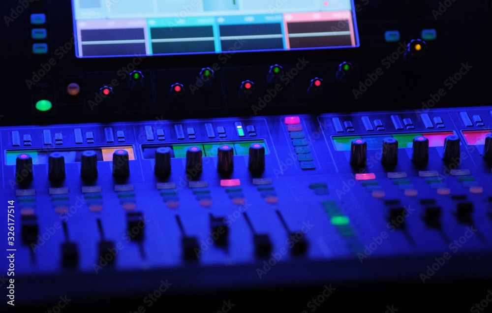 audio mixer in blue light lamps faders and touchscreen audio mixer in blue light lamps faders and touchscreen