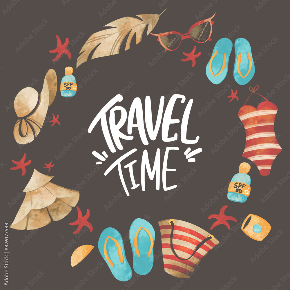 Hand lettering travel time cute square card with frame of beach items on a dark background. Print for banners, posters, cards, web, sales, stickers, textiles, paper.