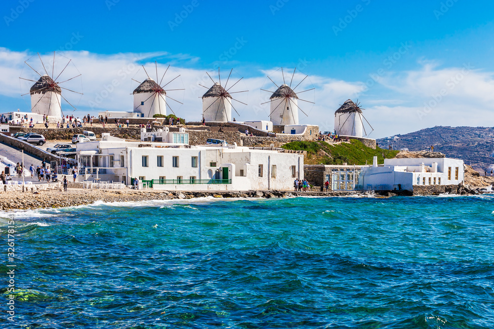 The famous Mykonos windmills - obrazy, fototapety, plakaty 