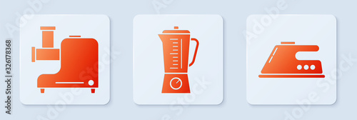 Set Blender , Kitchen meat grinder and Electric iron . White square button. Vector