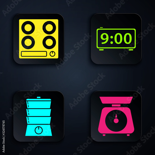 Set Scales , Gas stove , Double boiler and Digital alarm clock . Black square button. Vector