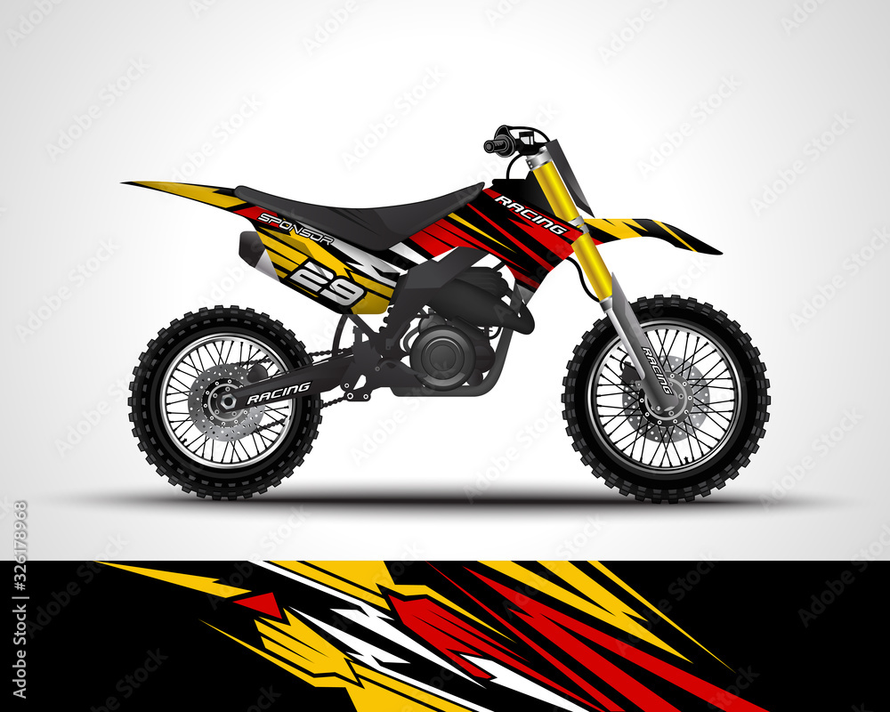 Racing motorcycle wrap decal and vinyl sticker design. Concept graphic abstract background for wrapping vehicles, motorsports, Sportbikes, motocross, supermoto and livery. Vector illustration. Racing motorcycle wrap decal and vinyl sticker design. Concept graphic abstract background for wrapping vehicles, motorsports, Sportbikes, motocross, supermoto and livery. Vector illustration.