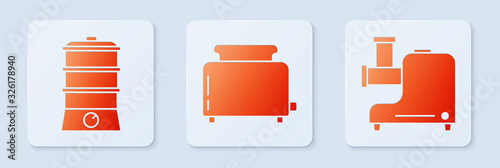 Set Toaster with toasts , Double boiler and Kitchen meat grinder . White square button. Vector