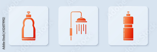 Set Shower head with water drops flowing , Plastic bottles for liquid dishwashing liquid and Plastic bottles for liquid dishwashing liquid. White square button. Vector