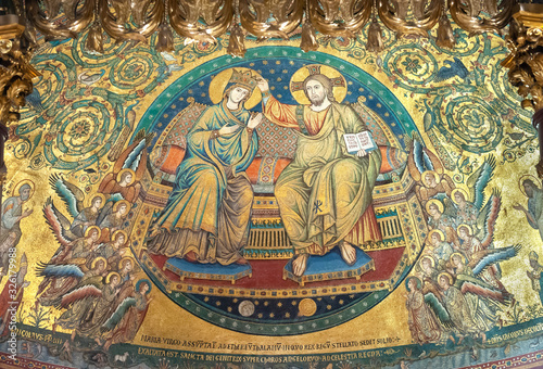 Jacopo Torriti's mosaic 'The Coronation of the Virgin Mary' (1296) in the apse of the Papal Basilica of Santa Maria Maggiore, Rome, Italy