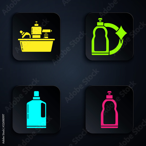 Set Plastic bottles for liquid dishwashing liquid. Black square button. Vector