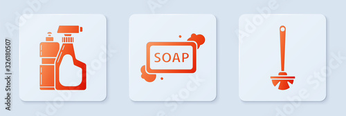Set Bar of soap with foam , Plastic bottles for liquid dishwashing liquid and Toilet brush . White square button. Vector