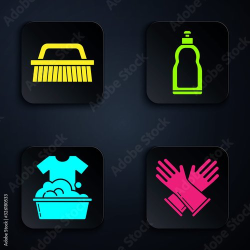 Set Rubber gloves , Brush for cleaning , Plastic basin with soap suds and Plastic bottles for liquid dishwashing liquid. Black square button. Vector
