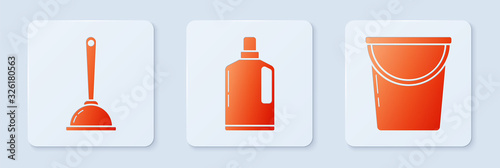Set Plastic bottles for liquid dishwashing liquid, Toilet plunger and Bucket . White square button. Vector