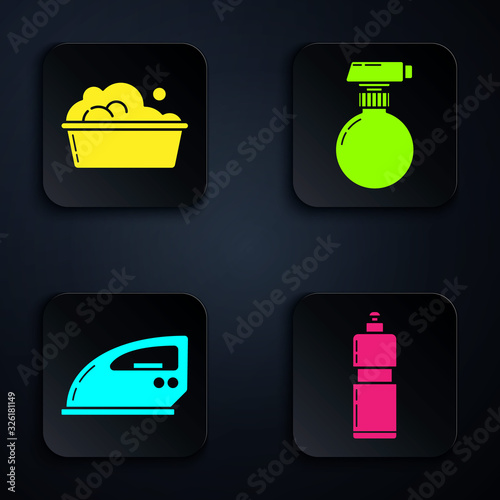 Set Plastic bottles for liquid dishwashing liquid, Plastic basin with soap suds , Electric iron and Cleaning spray bottle with detergent liquid . Black square button. Vector