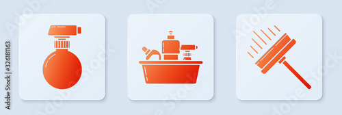 Set Plastic bottles for liquid dishwashing liquid, Cleaning spray bottle with detergent liquid and Squeegee, scraper, wiper. White square button. Vector