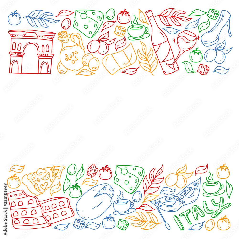 Italy. Vector set of icons for restaurant, cafe, backgrounds. Coliseum, Rome, Pisa, Venice. Cheese and Pizza. Italy. Vector set of icons for restaurant, cafe, backgrounds. Coliseum, Rome, Pisa, Venice. Cheese and Pizza.