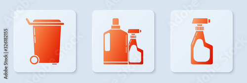 Set Plastic bottles for liquid dishwashing liquid, Trash can and Cleaning spray bottle with detergent liquid . White square button. Vector