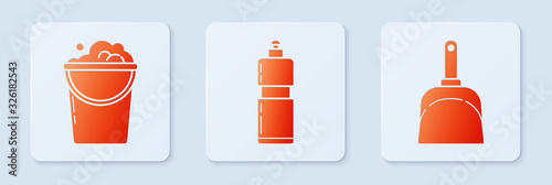 Set Plastic bottles for liquid dishwashing liquid, Bucket with foam and bubbles and Dustpan . White square button. Vector