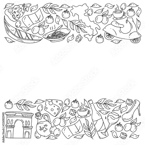 Italy. Vector set of icons for restaurant, cafe, backgrounds. Coliseum, Rome, Pisa, Venice. Cheese and Pizza.