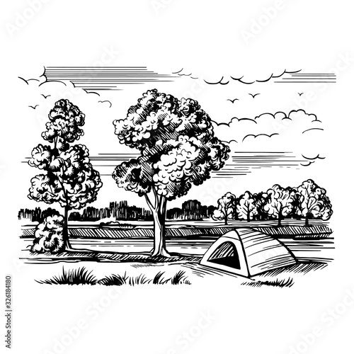 Tourist tent on the river bank