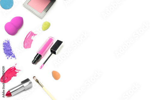 Fototapeta Naklejka Na Ścianę i Meble -  cosmetic , lipstick , lipgloss , eye shadow, brush, background 