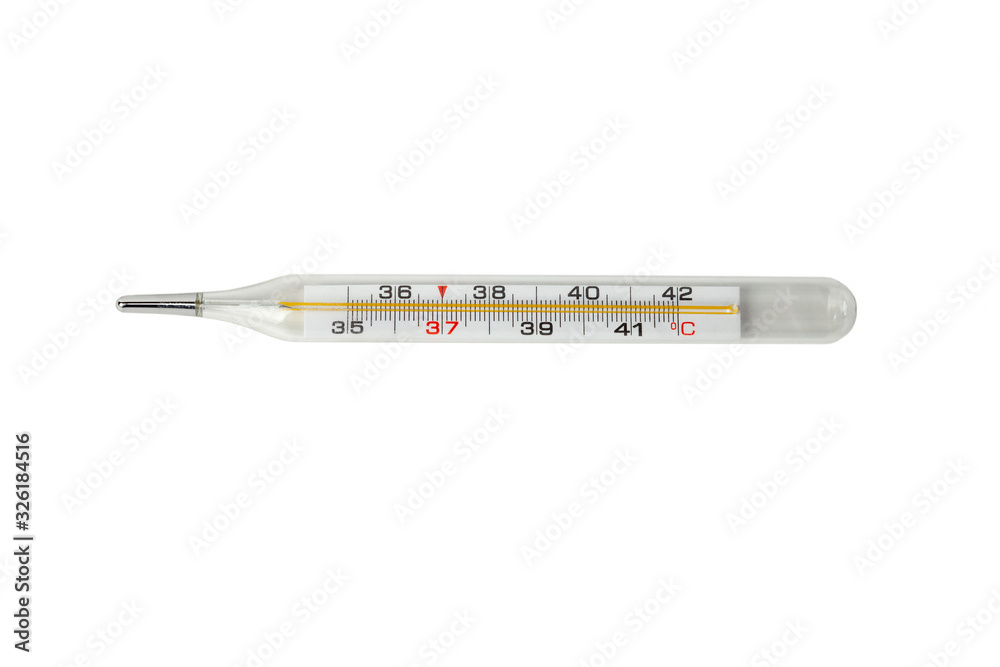 Glass medical thermometer lies horizontally on a white isolated background Glass medical thermometer lies horizontally on a white isolated background