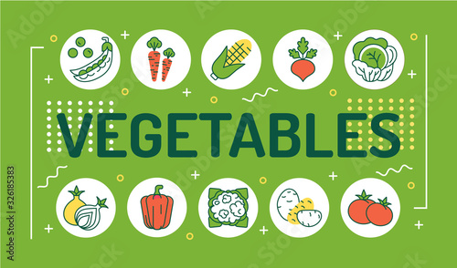 Vegetables word lettering typography. Healthy, organic food. Infographics with linear icons on green background. Creative idea concept. Isolated outline color illustration