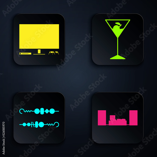 Set Home stereo with two speakers , Video game console , Grilled shish kebab and Martini glass . Black square button. Vector