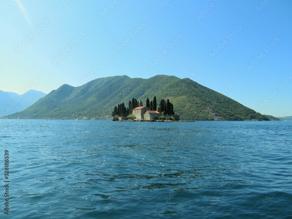 Island of St. George, one of two islet landmarks on Kotor Bay in Perast, Montenegro