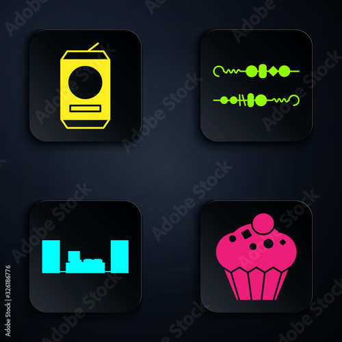 Set Muffin , Beer can , Home stereo with two speakers and Grilled shish kebab. Black square button. Vector