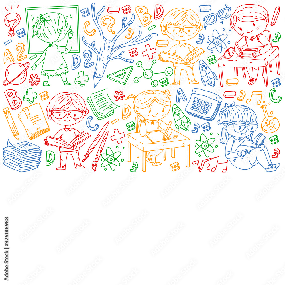 Back to school. Vector icons and elements for little children, college, online courses. Doodle style, kids drawing