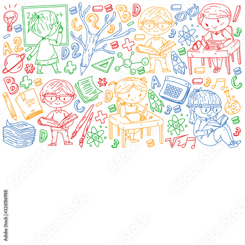 Back to school. Vector icons and elements for little children, college, online courses. Doodle style, kids drawing