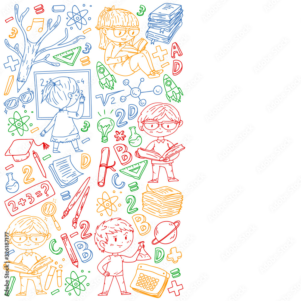 Back to school. Vector icons and elements for little children, college, online courses. Doodle style, kids drawing