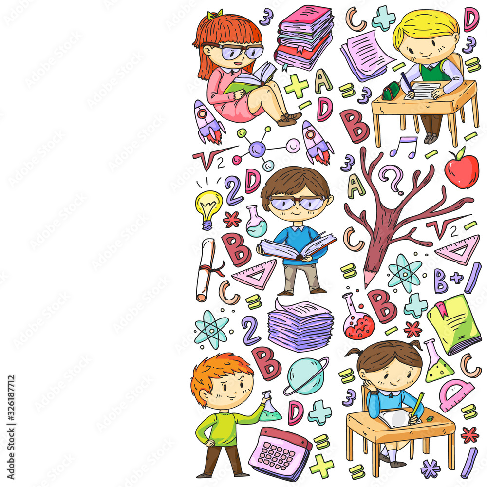 Back to school. Vector icons and elements for little children, college, online courses. Doodle style, kids drawing