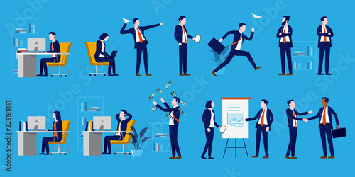 Office people set - A collection of business characters to populate your workplace scene. Businessmen, businesswomen, handshake, presentation and working people. Vector illustration.