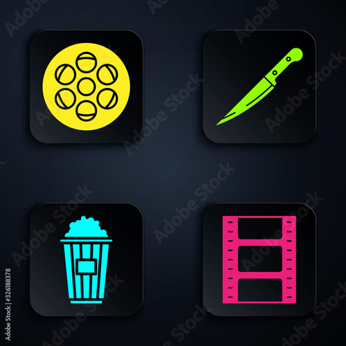 Set Play Video , Film reel , Popcorn in cardboard box and Knife . Black square button. Vector