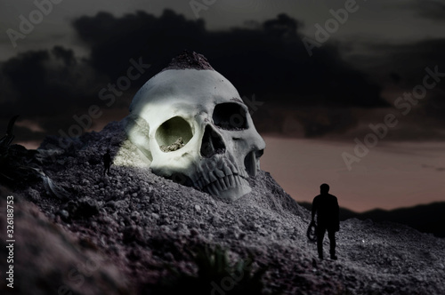Miniature scene of explorers approaching giant skull in the landscape
