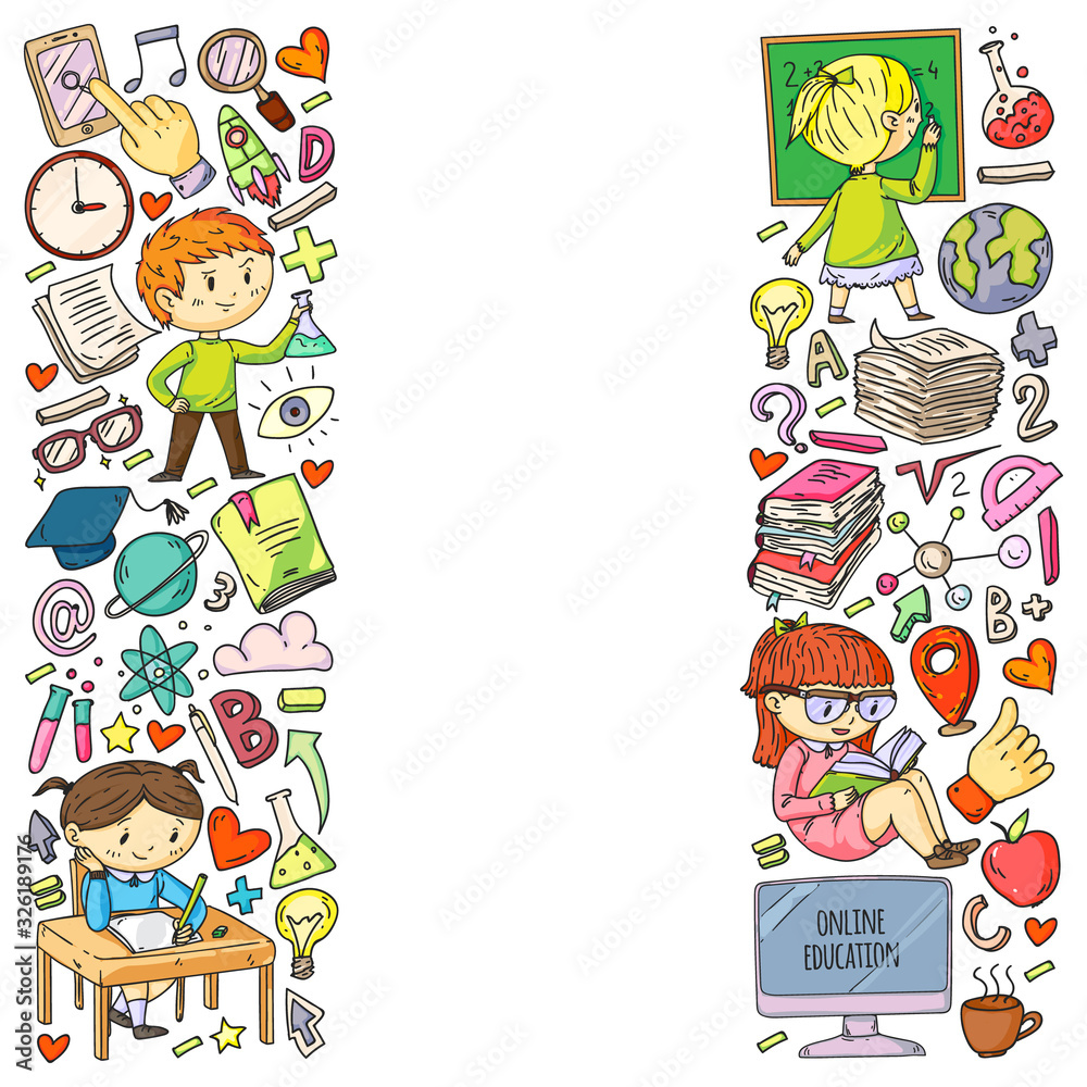 Back to school. Pattern with books, education element and little students. Kids, children learning mathematic, geography, geometry, physic, chemistry