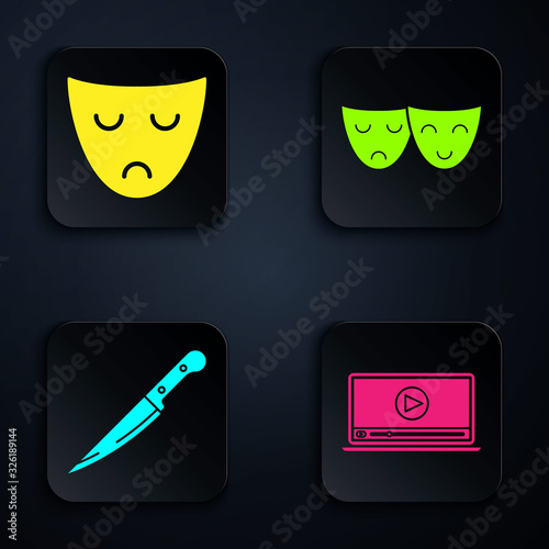 Set Online play video , Drama theatrical mask , Knife and Comedy and tragedy theatrical masks . Black square button. Vector