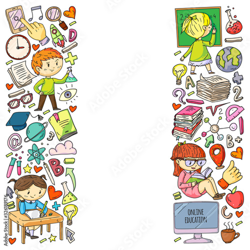 Back to school. Pattern with books  education element and little students. Kids  children learning mathematic  geography  geometry  physic  chemistry