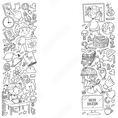 Back to school. Pattern with books, education element and little students. Kids, children learning mathematic, geography, geometry, physic, chemistry