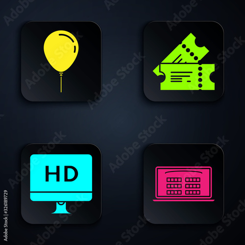 Set Buy cinema ticket online , Balloon with ribbon , Computer PC monitor with HD video technology and Cinema ticket . Black square button. Vector