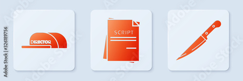 Set Scenario , Cap with inscription director and Knife . White square button. Vector