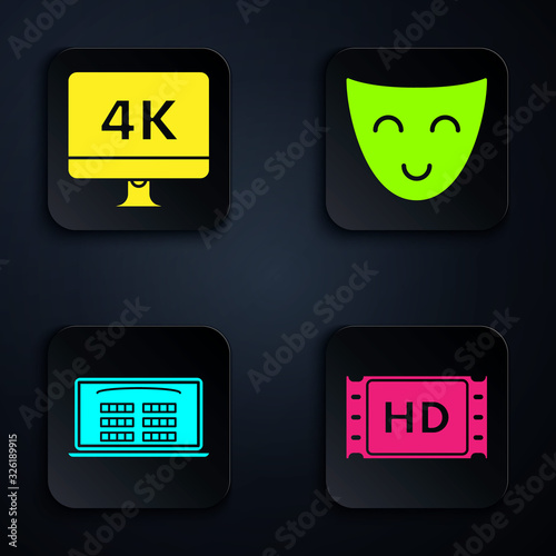 Set 4k movie, tape, frame , Computer PC monitor with 4k video technology , Buy cinema ticket online and Comedy theatrical mask . Black square button. Vector