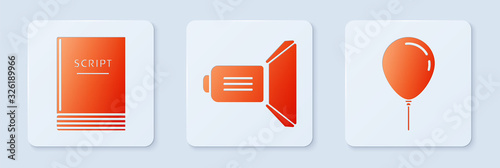 Set Movie spotlight , Scenario and Balloon with ribbon . White square button. Vector