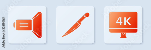 Set Knife , Movie spotlight and Computer PC monitor with 4k video technology . White square button. Vector