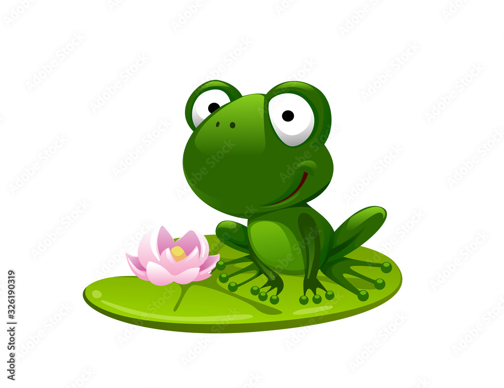green cartoon frog sitting on a sheet of water Lily green cartoon frog sitting on a sheet of water Lily