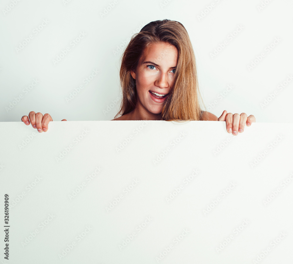 young pretty blonde girl with placard on white background half naked, shopping sale lifestyle people concept young pretty blonde girl with placard on white background half naked, shopping sale lifestyle people concept