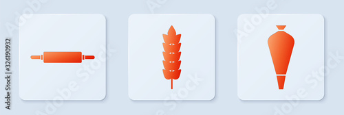 Set Cereals with rice, wheat, corn, oats, rye, Rolling pin and Pastry bag for decorate cakes. White square button. Vector